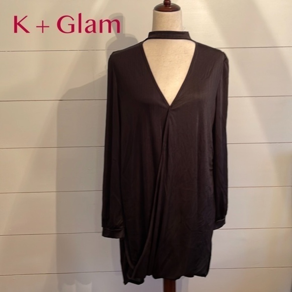 K + Glam, 2XL, Black, Silky, Ribbed, Drape Front Classy Choker Tunic/Dress